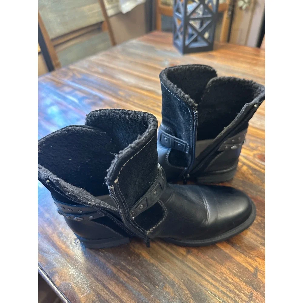 Earth Artistic‎ Onyx Black Leather Suede Studded Faux Fur Ankle Boots 8M